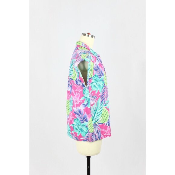 Vintage 90s HILO HATTIE Hawaiian Floral 100% Cotton Cap Sleeve Shirt Top, Size L - Picture 2 of 10